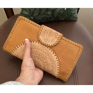 Meika Collective Tan Brown Leather Wallet Dreamer Clutch Embossed Designs Boho